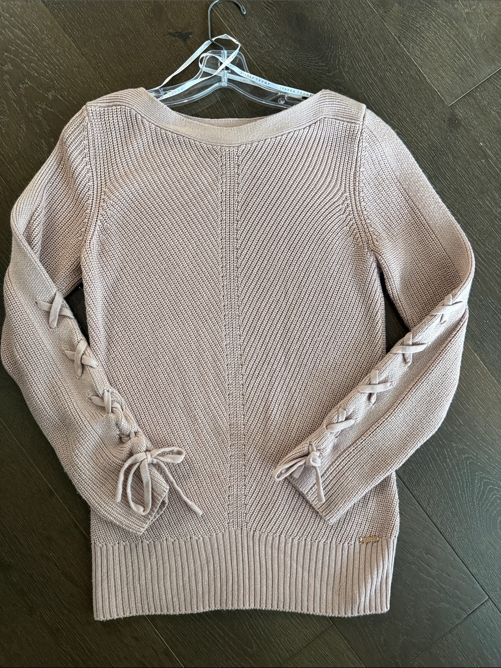 Ivanka Trump Light Blush Lace-Up Sleeve Crewneck Sweater